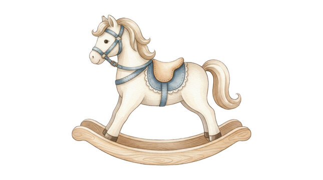 Watercolor illustration of a cute rocking horse isolated on transparent background