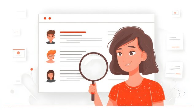 Woman with magnifying glass examines user profiles on computer screen for data analysis.