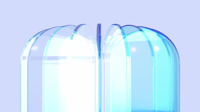 Transparent glass rectangles bending into a graceful geometric flow. Modern crystal layers with vibrant blue highlights and seamless looping motion on transparent background