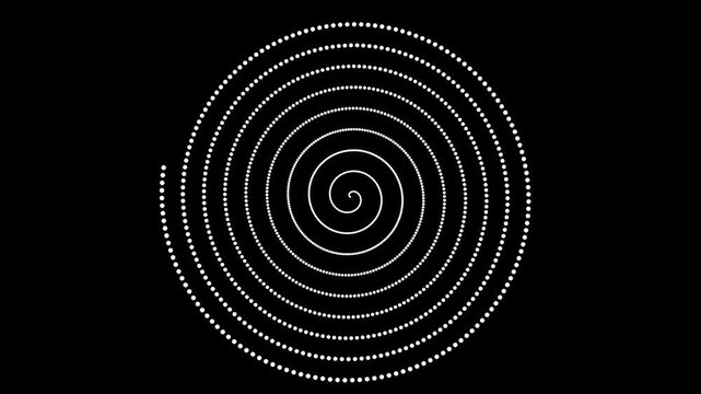 Three white dotted spirals rotating against solid black background