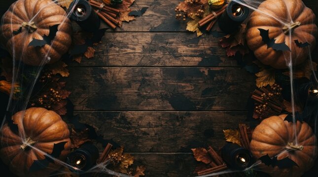 Rustic wooden table framed with autumn pumpkins and leaves