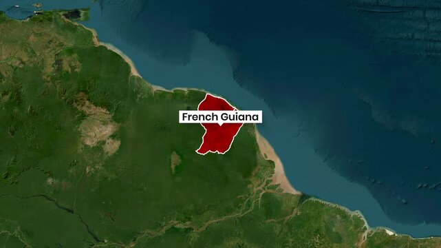 French Guiana highlighted on a satellite map of South America motion clip
