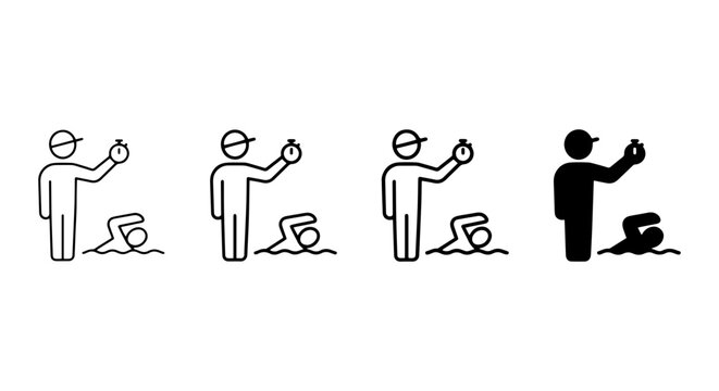 Swimming Coach Icon Set, Stopwatch Timer, Athlete Training, Water Sport Vector Graphics