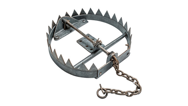 Old metal bear trap hunting device danger isolated on transparent background