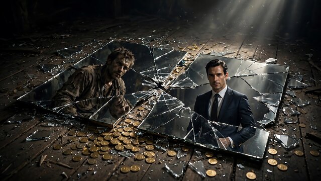 Shattered mirror reflecting a poor man and a wealthy businessman, transformation concept
