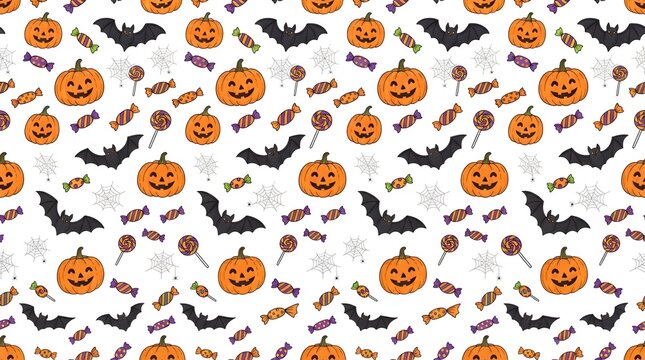 Halloween pattern with pumpkins, bats, and candy isolated on white background