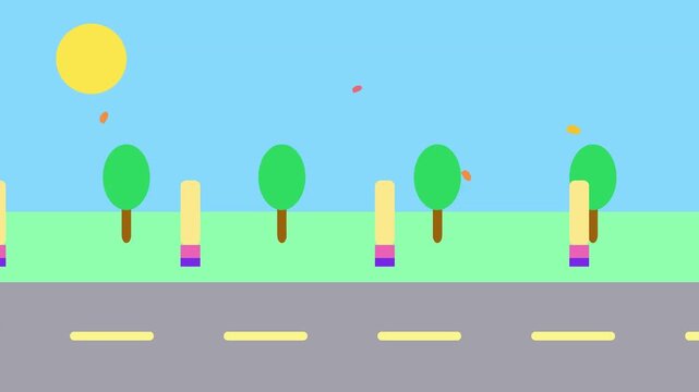 Animated orange buses traveling along a sunny road in flat vector
