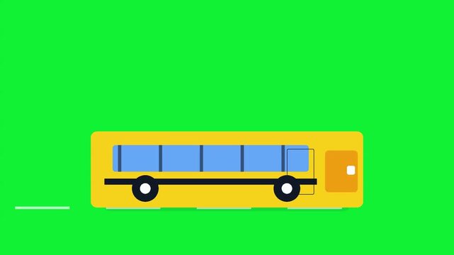 Three yellow buses moving along roadway flat vector animation