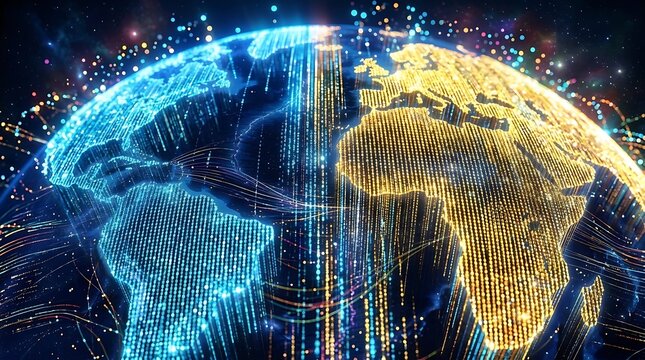 Digital earth globe with binary code data flow representing global connectivity