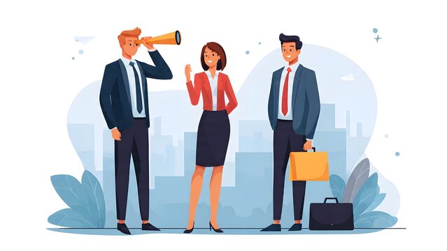 Business people standing in front of city skyline, man with spyglass looking into distance, woman with open hand gesture, corporate team collaboration.