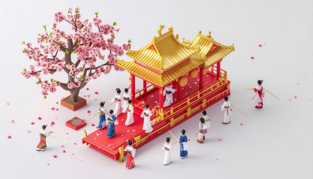 Isometric golden phoenix shrine float parade with people in traditional robes