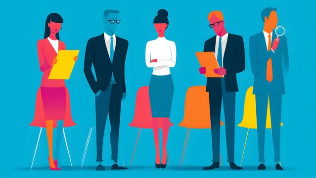 Group of diverse business people standing in line, waiting for job interview, young professionals ready for new challenges, recruitment process, hiring staff.