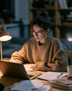 Student study laptop notebook desk lamp, female student studying late night with laptop