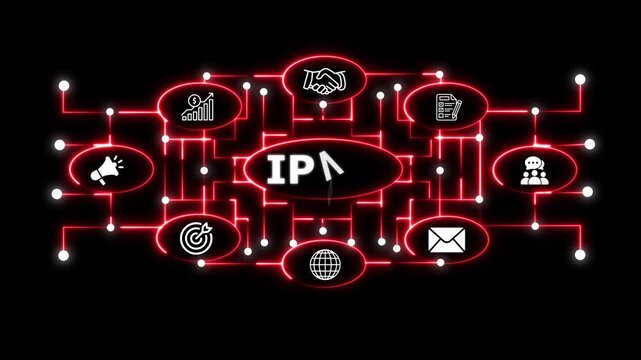 Glowing Neon Ipv5 Business Network Interface with Connected Communication and Productivity Icons on Black Background Conceptual hand writing showing Concept meaning animation.