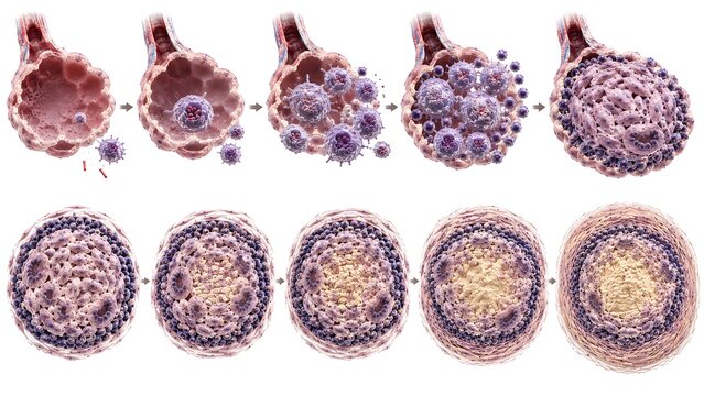 Tuberculosis Granuloma Formation Sequence Medical Illustration with Caseous Necrosis and Immune Response