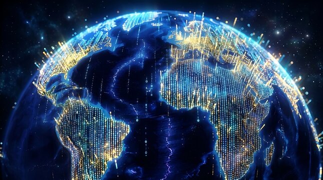 Digital earth globe featuring binary code streams and glowing data connections for global connectivity