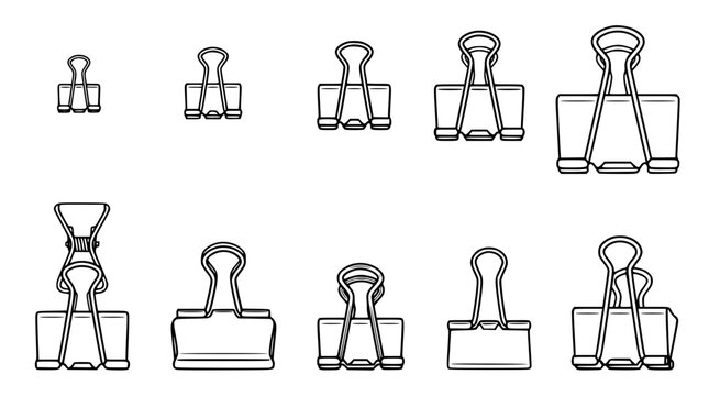 Office Metal Binder Clips Line Icon Vector Set Featuring Multi Size Foldback Paper Clamps Spring Steel Document Grips and Stationery Organizing Fasteners