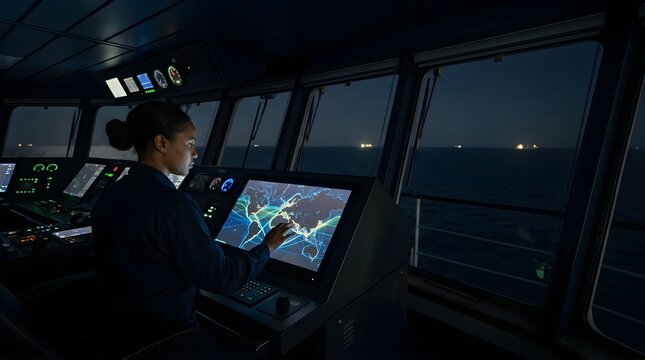 Professional ship navigator using digital navigation map at night on bridge