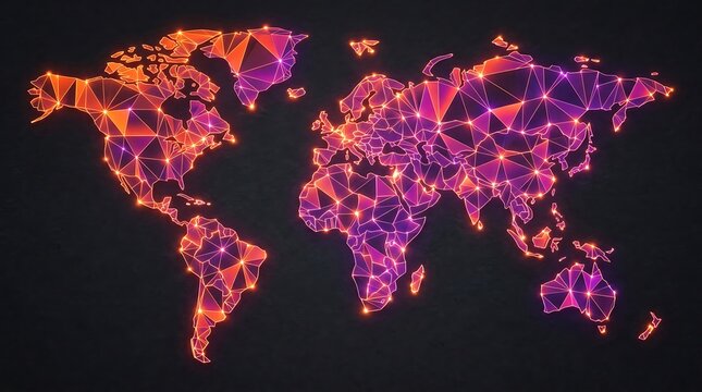 Neon glowing polygonal world map illustration with abstract geometric connections on dark background