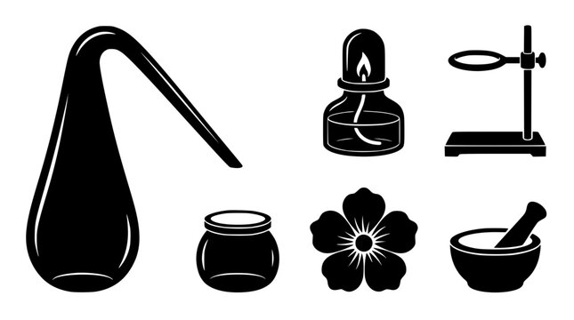 Vintage alchemy and traditional herbal medicine distillation icon set with glass retort flask spirit burner ring stand mortar and pestle vector black silhouette