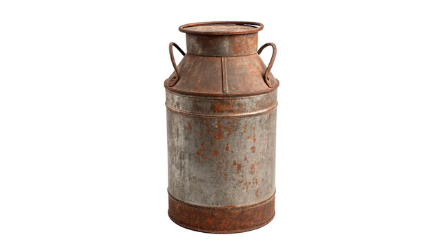 Vintage rusty metal milk can rustic container isolated on transparent background