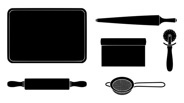 Baking and pastry dough preparation tool set with rolling board pin French dowel bench scraper flour sifter and pastry wheel cutter vector silhouette