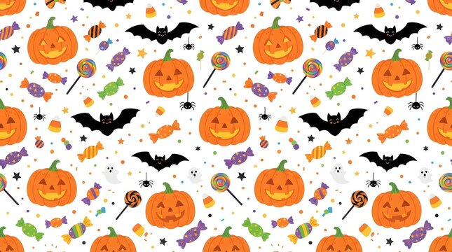 Seamless halloween pattern with pumpkins and candy isolated on white background