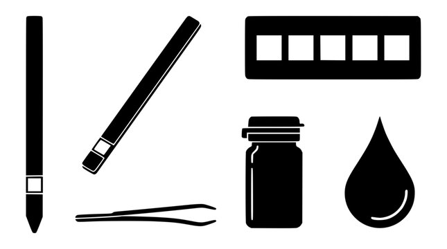 Fine art and classic drawing materials icon set with graphite pencil charcoal stick blending stump tweezers ink bottle and water drop vector black silhouette