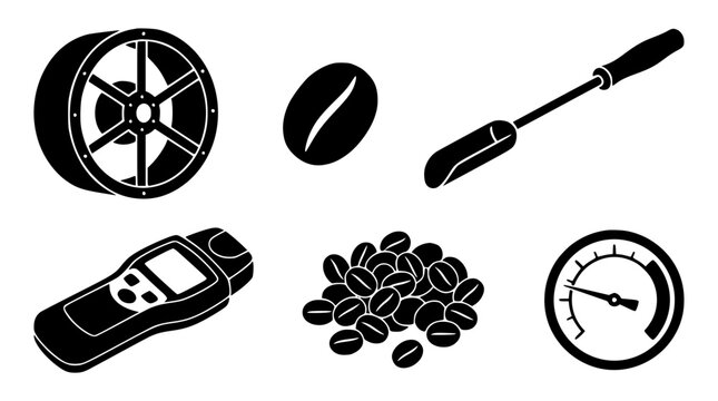 Professional coffee roasting equipment and quality control icon set with sample trier scoop digital moisture meter thermometer gauge and roasted beans vector silhouette