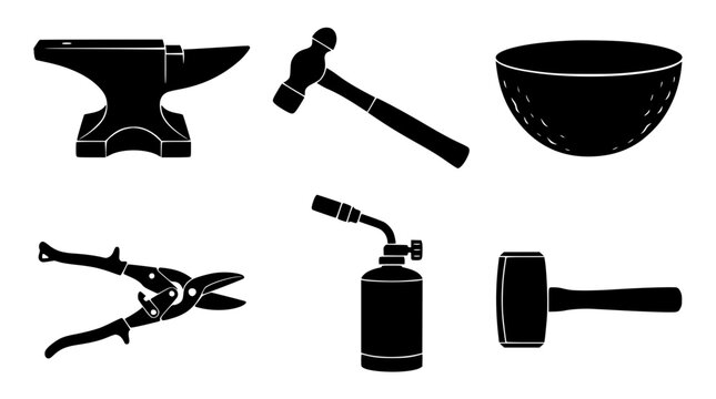 Metal smithing and traditional jewelry making tool icon set with steel anvil ball peen hammer metal melting crucible snips blowtorch and mallet silhouette