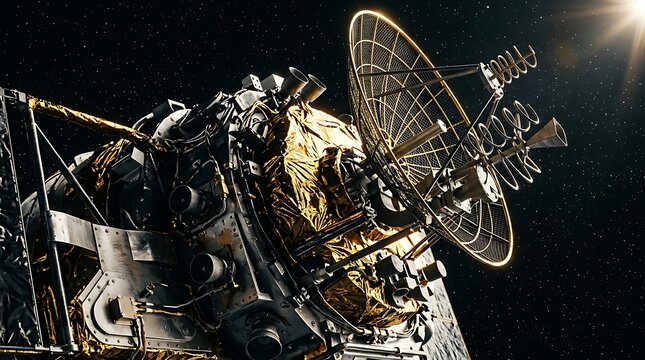 Satellite orbiting earth with golden thermal insulation and communication antenna array in deep space