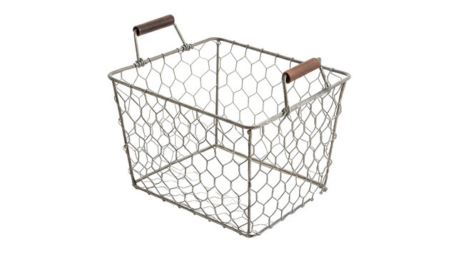 Empty white wire mesh storage basket container isolated on transparent background