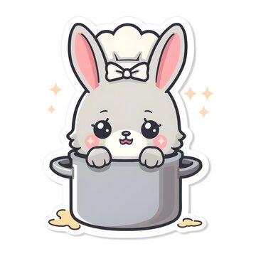 Cute Grey Kawaii Bunny Cheff Hiding Inside Giant Pot Guilty Flat Vector Sticker Illustration