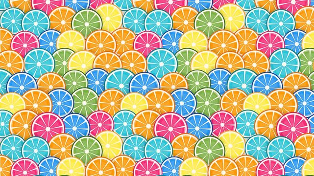 Vibrant animated background featuring a colorful pattern of multi-colored citrus fruit slices wiggling in a dense layered arrangement.