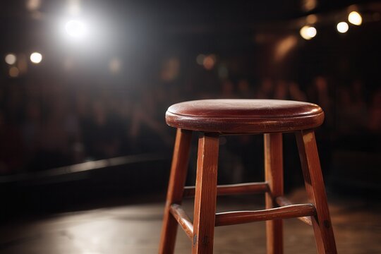 Empty wooden stool standing on a theater stage. Bathed in a bright spotlight. Signifying solitude. Anticipation. And the quiet before a performance. Comedy show
