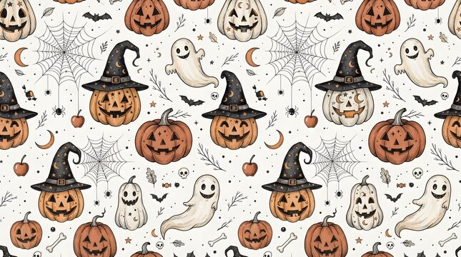 Vintage halloween seamless pattern isolated on white background