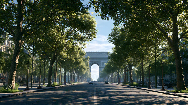 Tree-Lined Avenue Leading to Iconic Arch Under Clear Blue Sky in Paris