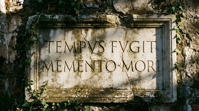 Latin Engraved Text Phrase on Weathered Stone Tablet in Widescreen Format