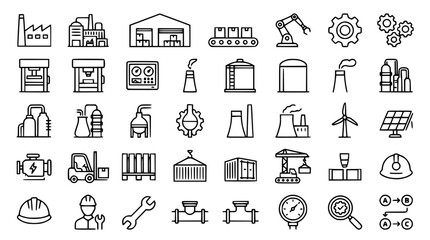 Fototapeta premium Industrial Factory Automation Engineering and Sustainable Green Energy Production Line Vector Icon Set Featuring Isolated Heavy Machinery Warehouse Logistics and Renewable Power Plants on White Backgr