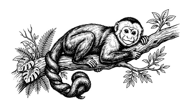 Vintage Hand Drawn Capuchin Monkey Silhouette Vector Illustration Featuring Black and White Engraving Jungle Primate Sitting on Tree Branch with Tropical Leaves on White Background