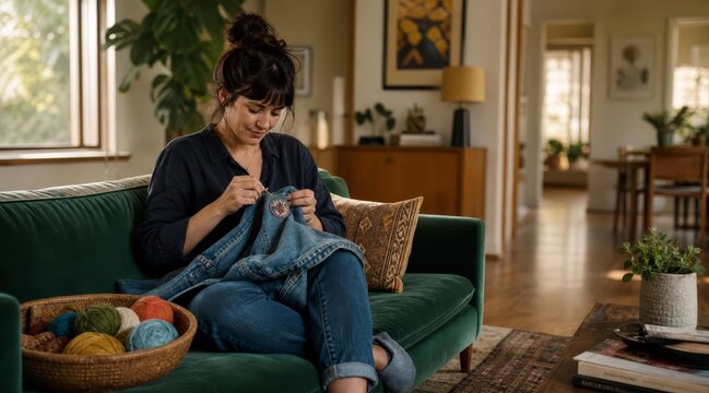 Mother mending denim jacket on sofa