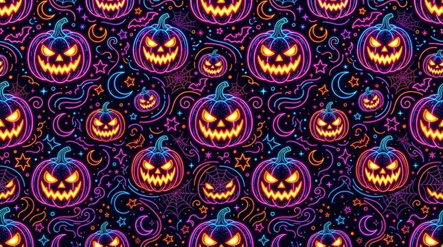 Neon halloween pattern with glowing jackolanterns