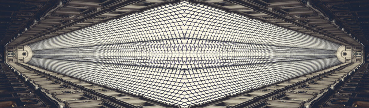 Abstract symmetrical architectural composition with glass roof structure and surreal perspective