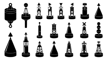Maritime Navigation Buoys and Sea Warning Marker Silhouette Vector Icon Set Featuring Cardinal Marks, Lateral Buoys, Light Towers, and Marine Waterway Channel Markers © MdSabbir