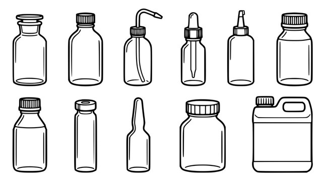 Laboratory Reagent Container and Chemical Glassware Linear Vector Icon Set Featuring Dropper Vials, Wash Bottles, Ampoules, Medicine Jars, and Jerrycan Jug Graphics