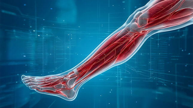 Human leg muscle anatomy 3d render. Leg blood vessel and tendon structure. Futuristic medical scan background.