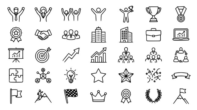 Corporate Leadership and Business Achievement Linear Vector Icon Set Featuring Team Success, Goal Targets, Career Milestones, and Financial Growth Strategy Graphics