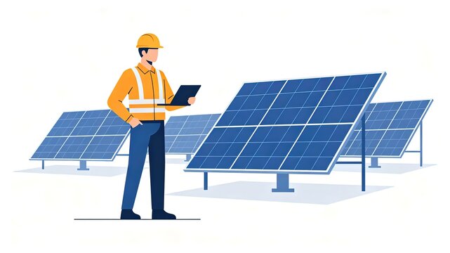 Solar power engineer inspecting photovoltaic panels with laptop, flat vector illustration of new energy technician working at solar station