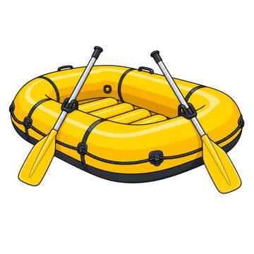 Yellow Inflatable Raft Boat with Two Oars for River Rafting and Water Sports Illustration