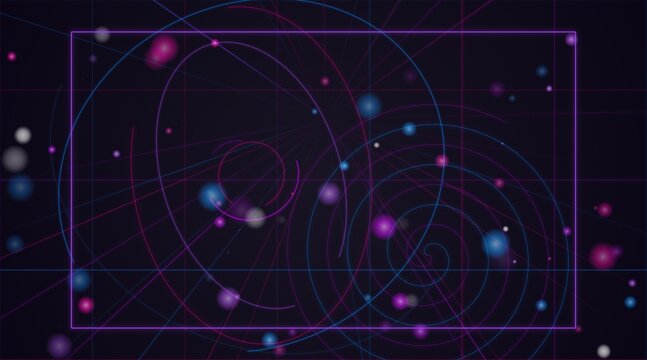Abstract dark background with glowing colorful circles and thin circular lines in space theme